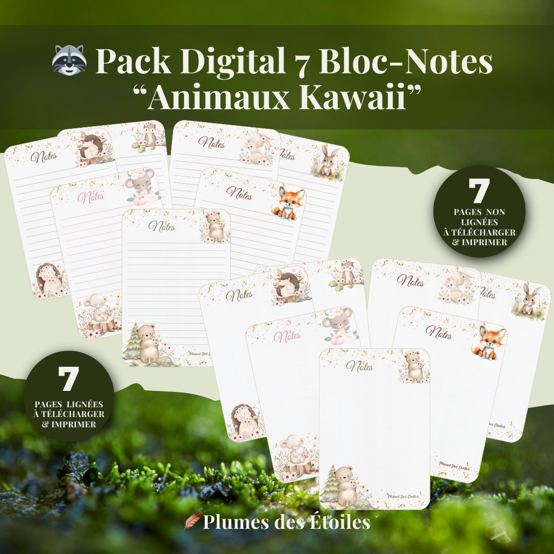 🦝Un pack de blocs-notes digitaux A6 aux illustrations d’animaux kawaii, pour organiser ton quotidien avec douceur, poésie et bonne humeur.🦝