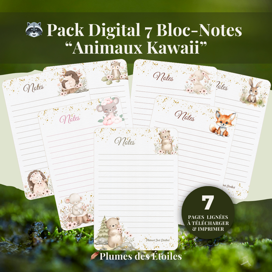 🦝Un pack de blocs-notes digitaux A6 aux illustrations d’animaux kawaii, pour organiser ton quotidien avec douceur, poésie et bonne humeur.🦝