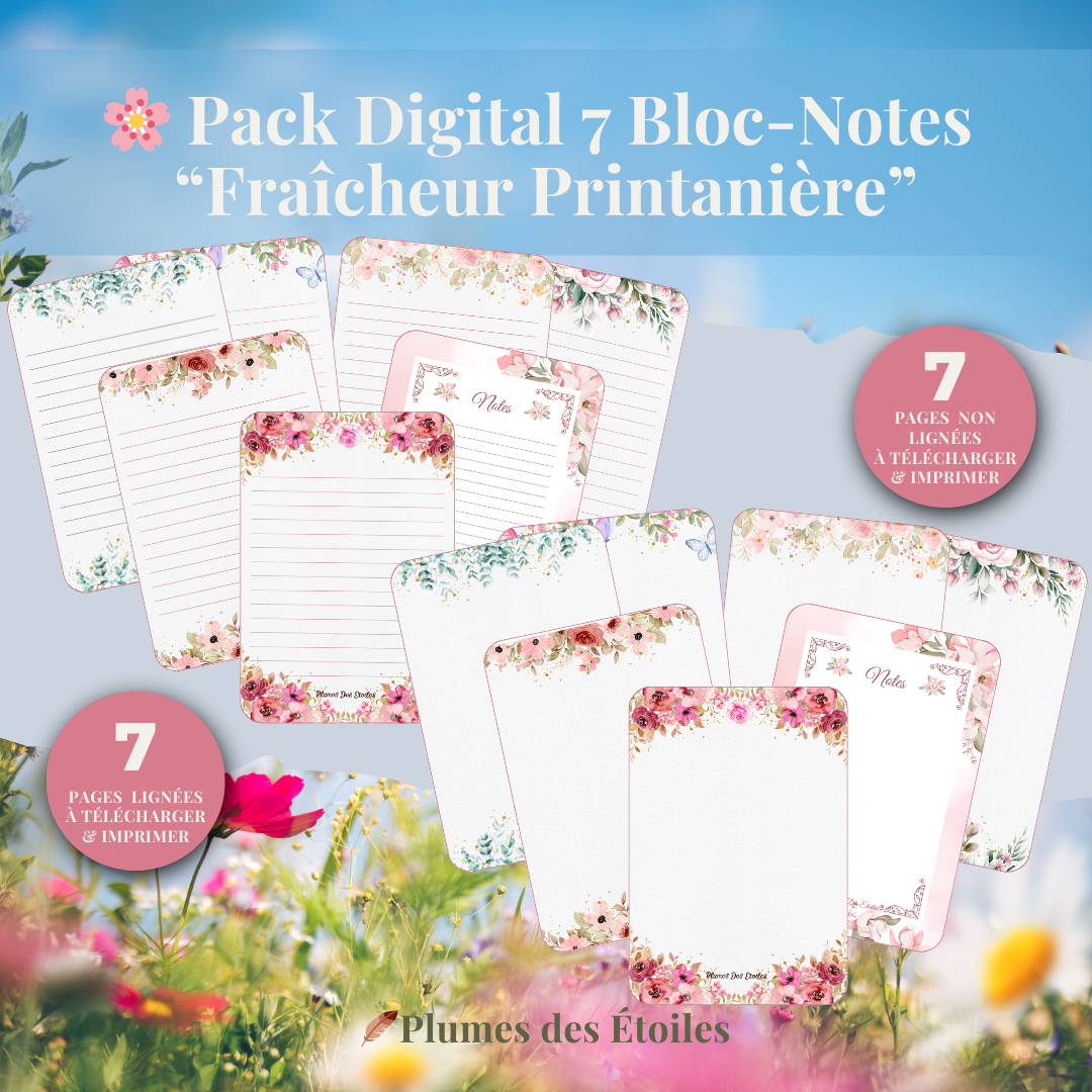 🌸 Un pack de blocs-notes digitaux A6 aux motifs floraux printaniers, pour organiser ton quotidien dans une ambiance fraîche, douce et inspirée par la nature.🌸