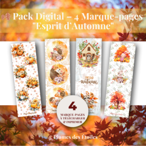 Marque-pages Esprit d’automne à imprimer – pack digital de 4 modèles illustrés avec citrouilles, hérisson, lapin et raton.