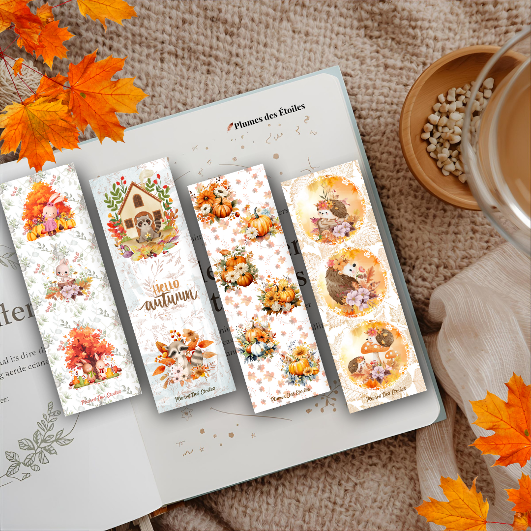 Marque-pages Esprit d’automne à imprimer – pack digital de 4 modèles illustrés avec citrouilles, hérisson, lapin et raton.