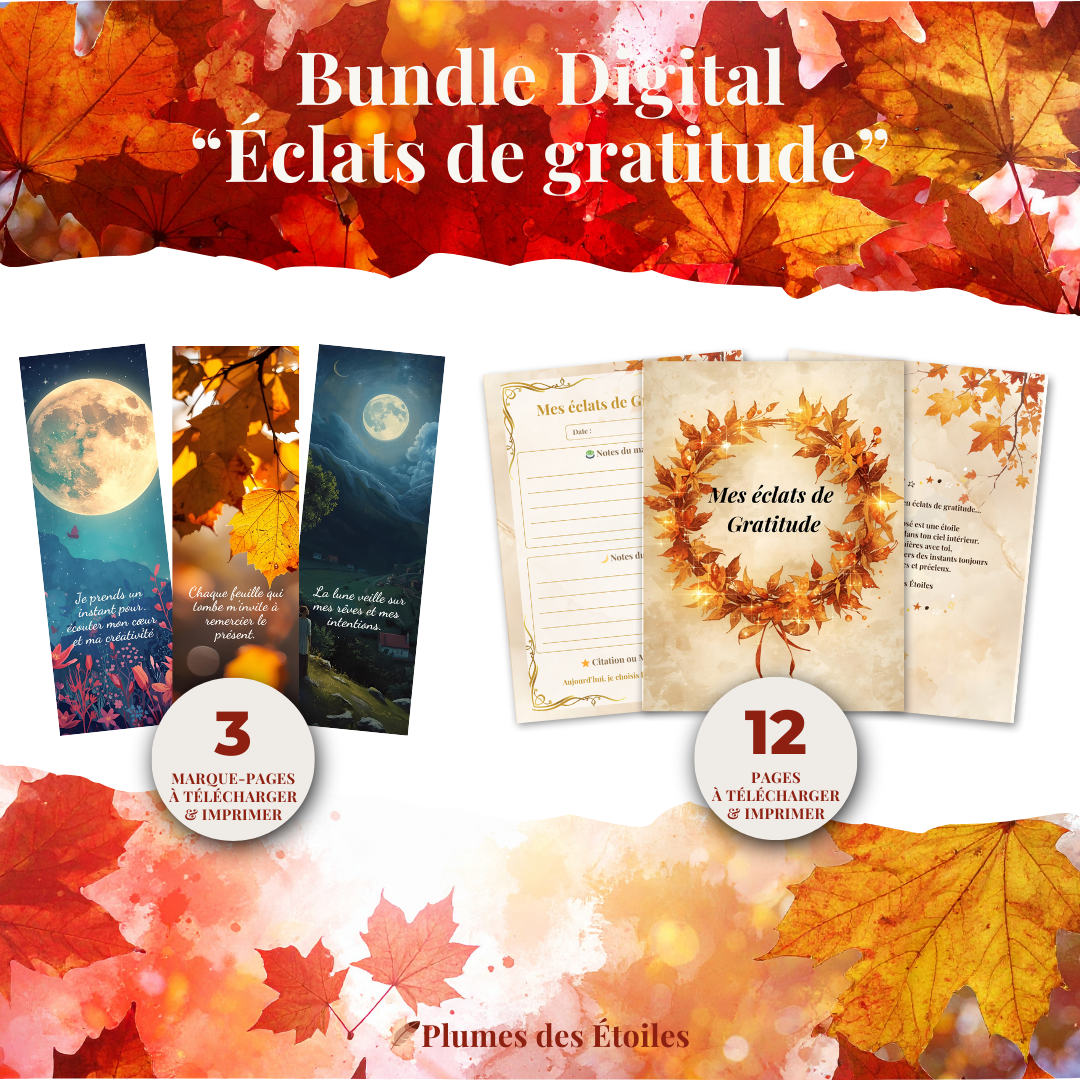 🍂 Un bundle poétique et automnal : Mini Journal « Mes Éclats de Gratitude » + 3 marque-pages assortis pour accompagner tes lectures et rituels créatifs.🍂 