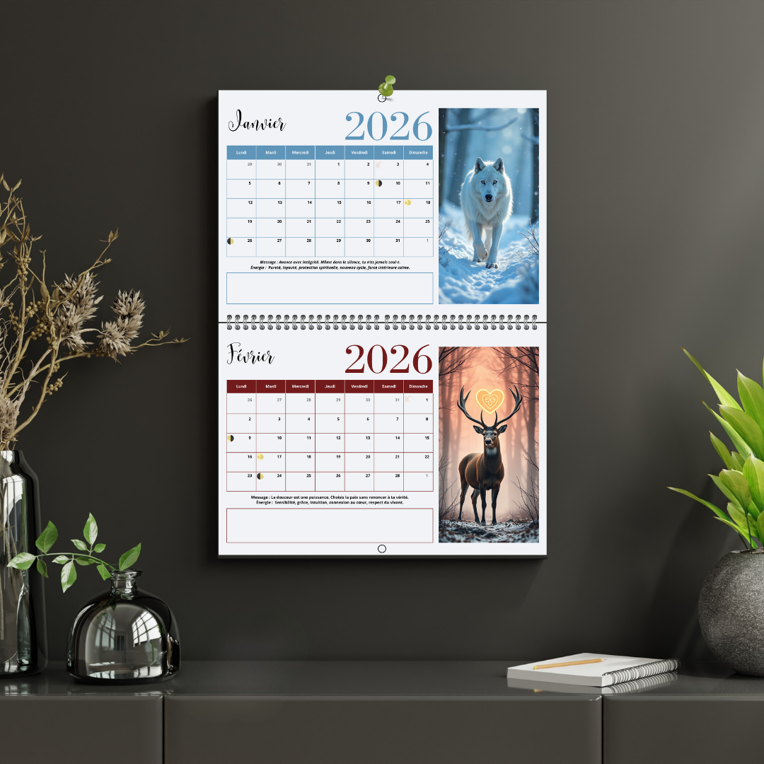Calendrier mural digital 2026 inspiré des animaux totems, alliant illustrations mystiques, guidance spirituelle et organisation quotidienne. Un compagnon visuel et symbolique pour rester aligné·e avec les cycles naturels tout au long de l’année.