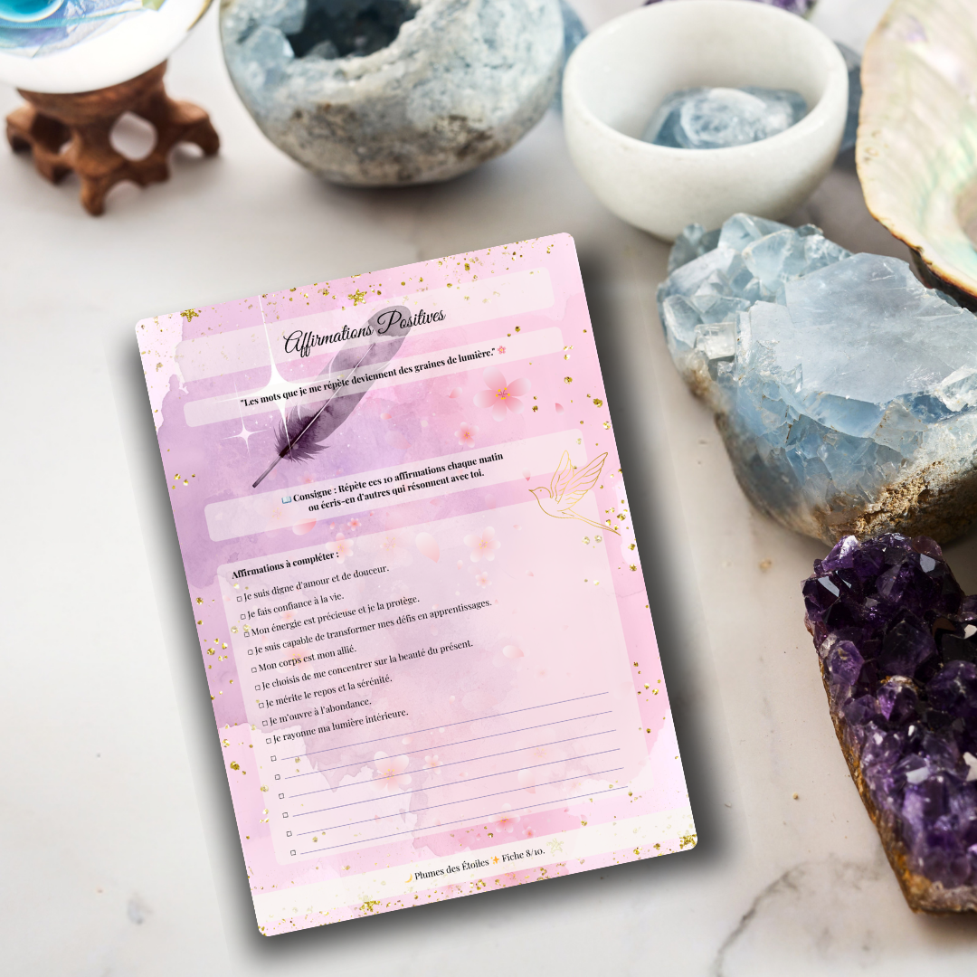 Rituels de Nouvelle et Pleine Lune, gratitude, émotions, affirmations et routines apaisantes : chaque page est une invitation à ralentir, t’écouter et prendre soin de toi avec douceur et intention.