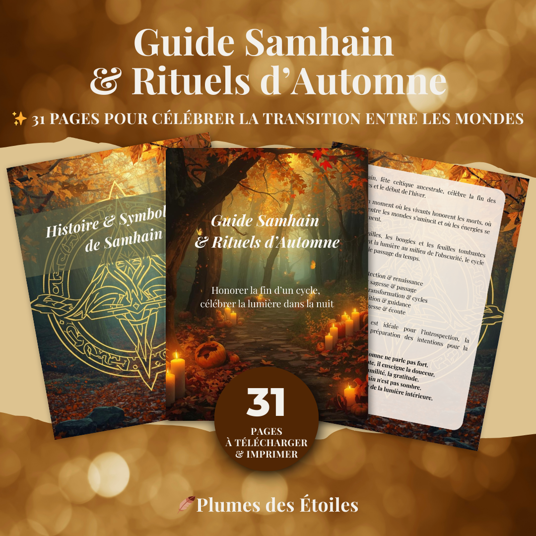 🍁 Un guide digital poétique et spirituel pour honorer Samhain, ralentir, libérer l’ancien et renouer avec la sagesse des cycles, entre rituels d’automne, introspection et magie ancestrale.🍁 
