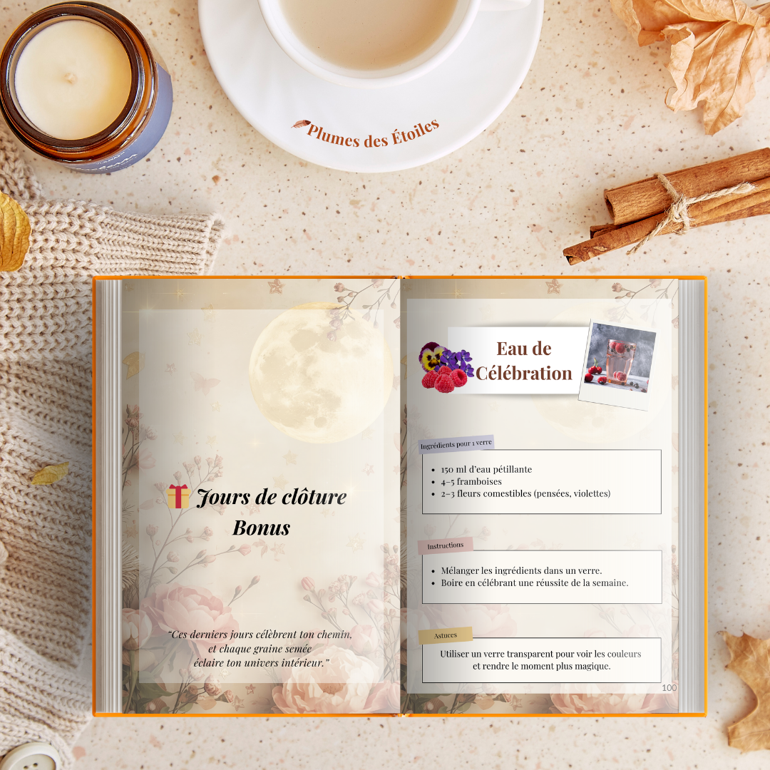 🌿 Un journal poétique et guidé pour cultiver la gratitude et l’abondance pendant 60 jours. Rituels lunaires, affirmations, recettes sacrées et pages créatives s’entrelacent pour t’accompagner dans une pratique douce, inspirante et profondément transformatrice.🌿 