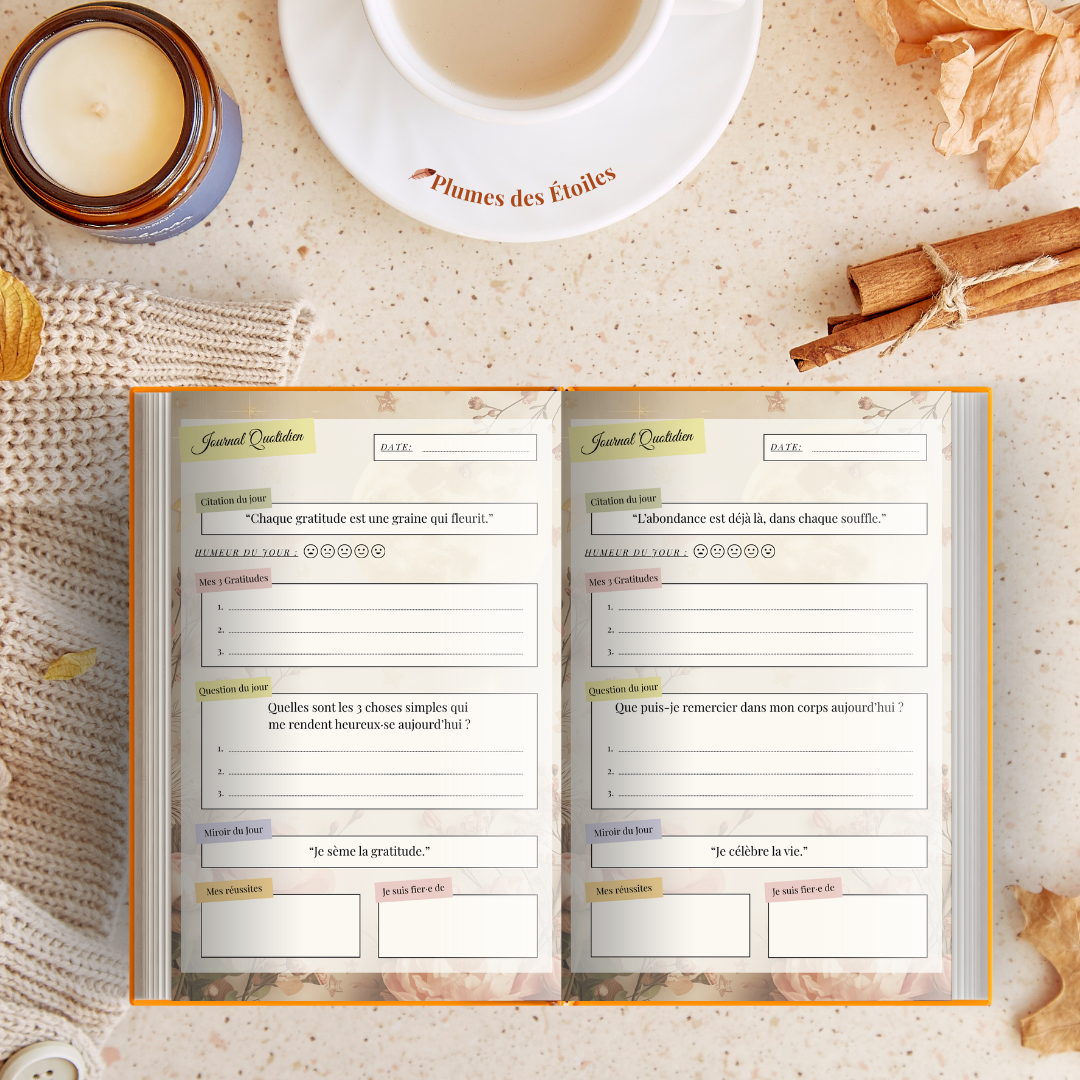 🌿 Un journal poétique et guidé pour cultiver la gratitude et l’abondance pendant 60 jours. Rituels lunaires, affirmations, recettes sacrées et pages créatives s’entrelacent pour t’accompagner dans une pratique douce, inspirante et profondément transformatrice.🌿 