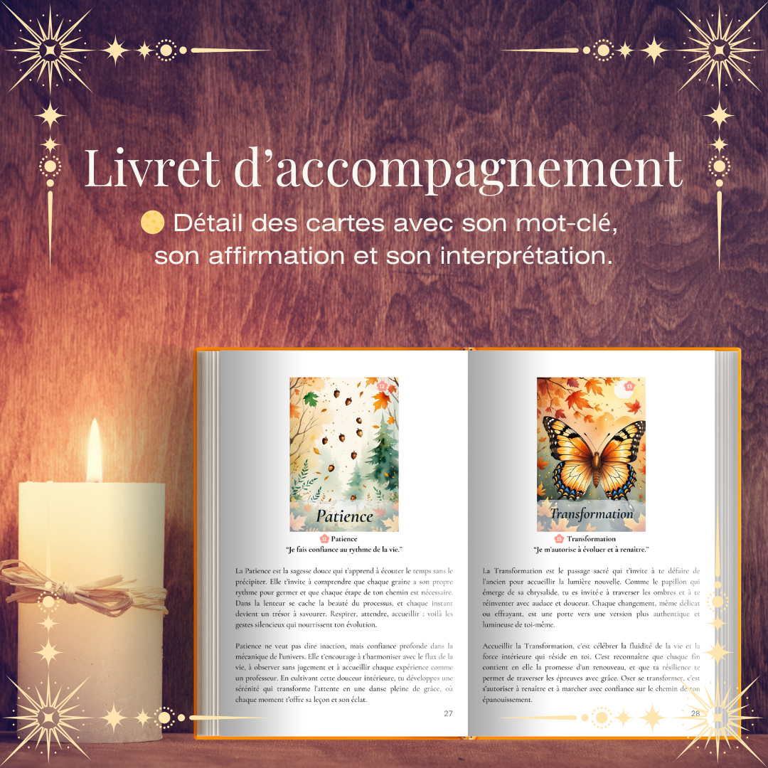 Un oracle digital premium de 78 cartes d’affirmations, accompagné de deux livrets profonds et guidés, pour t’accompagner dans tes rituels, tirages et pratiques intuitives en lien avec la Pleine Lune des Moissons.
