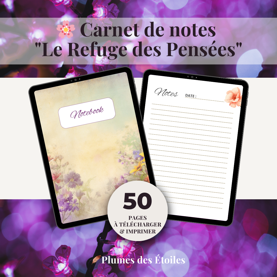 🌸 Un carnet de notes poétique de 50 pages lignées, à imprimer ou utiliser en numérique, pour accueillir tes pensées, idées et élans créatifs avec douceur. 🌸 