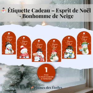 Une étiquette cadeau douce et hivernale illustrée d’un bonhomme de neige, pour un Noël tendre et poétique.