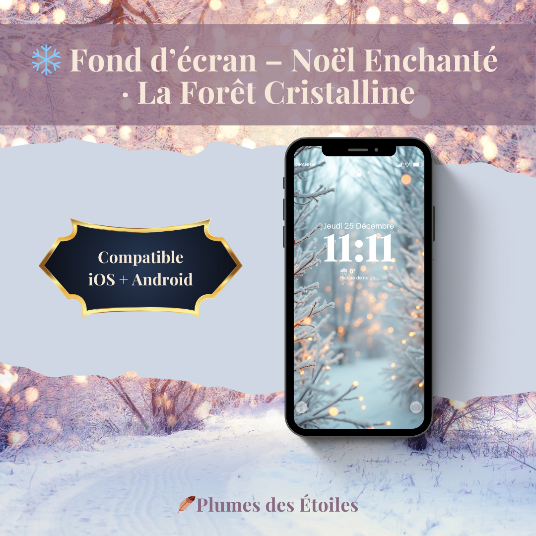 Plonge dans une forêt cristalline d’hiver enchantée : un fond d’écran cristallin et lumineux pour magnifier ton portable durant la saison de Noël. Il est compatible avec iOS & Android