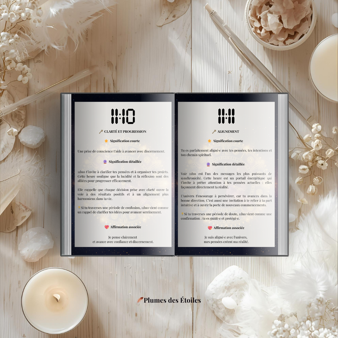 🌙 Un guide poétique de 154 pages pour comprendre plus de 120 heures miroirs et transformer les synchronicités en véritables clés d’intuition et de guidance. 🌙 