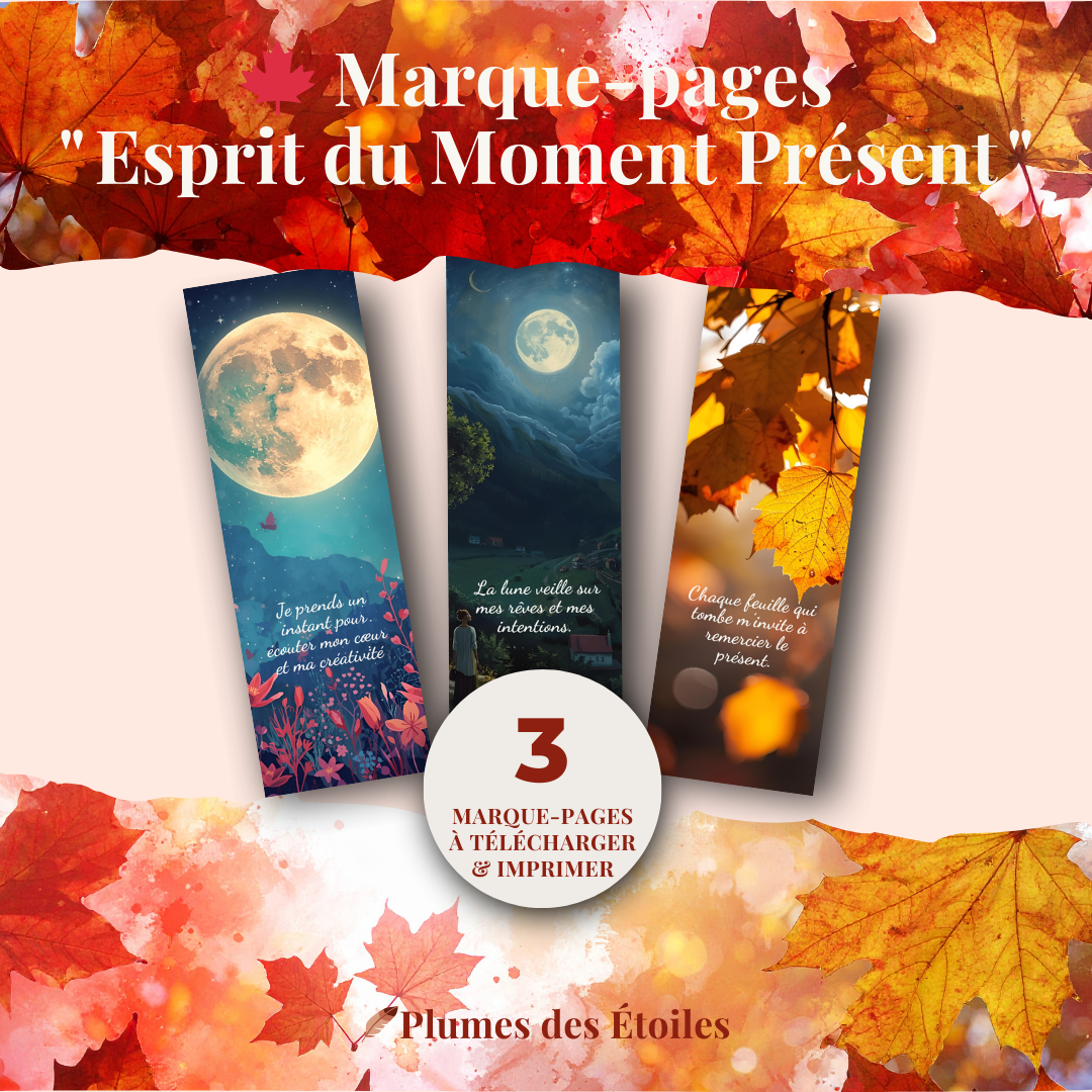 🍁 Offre-toi un instant de douceur avec 3 marque-pages poétiques à imprimer. Feuilles, lune et étoiles accompagnent tes lectures, journaux et moments de contemplation. 🍁 