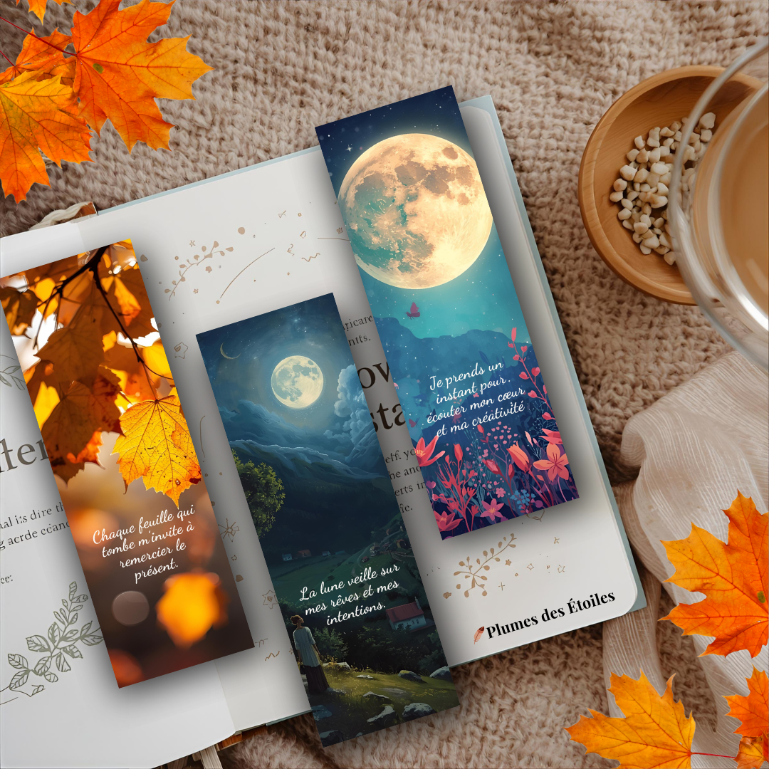 🍁 Offre-toi un instant de douceur avec 3 marque-pages poétiques à imprimer. Feuilles, lune et étoiles accompagnent tes lectures, journaux et moments de contemplation. 🍁 