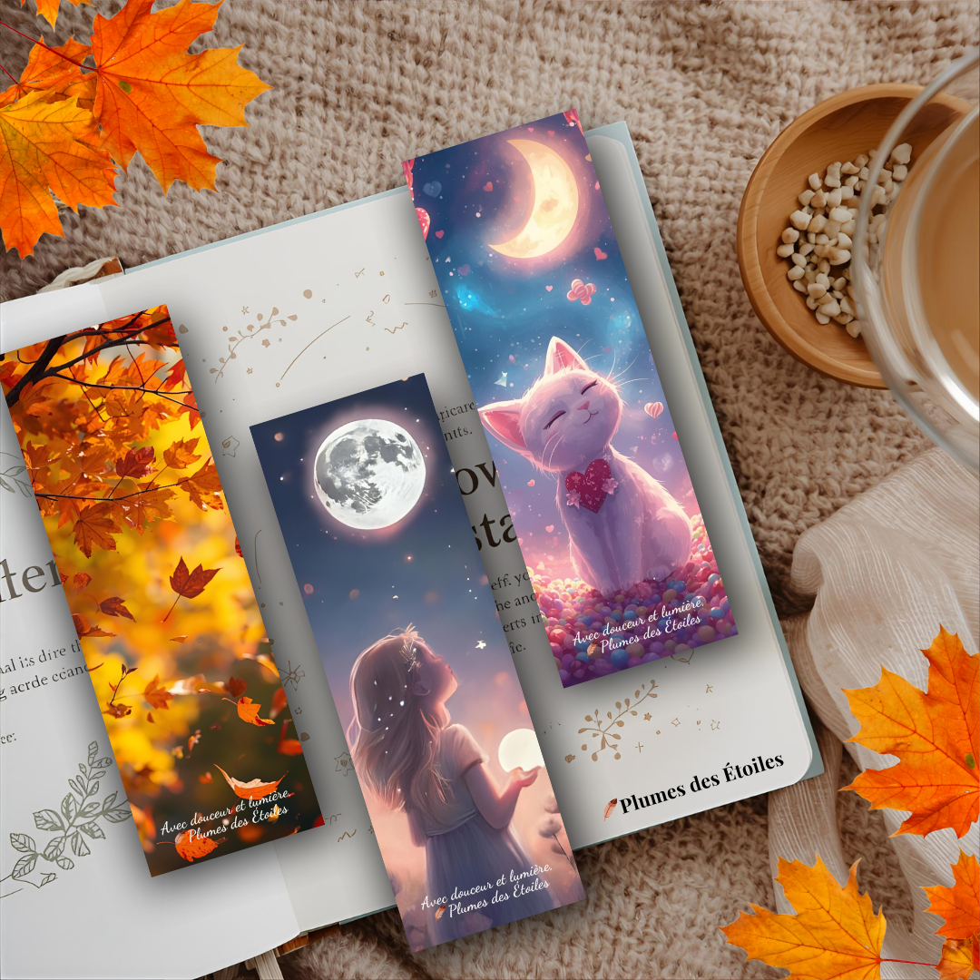🍁 Offre-toi un instant de douceur avec 3 marque-pages poétiques à imprimer. Feuilles, lune et étoiles accompagnent tes lectures, journaux et moments de contemplation. 🍁 