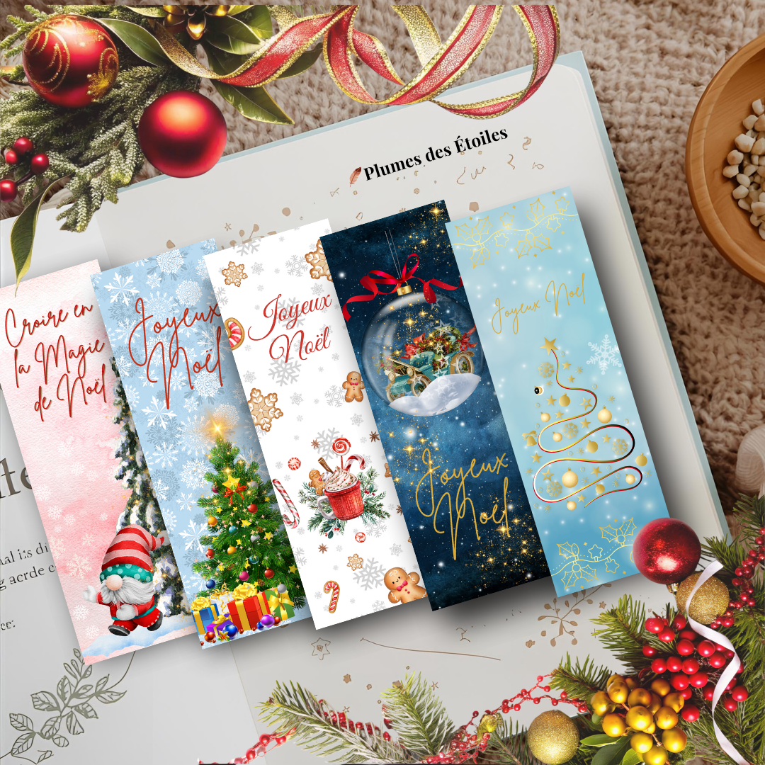 Un ensemble de 5 marque-pages illustrés pour inviter la magie de Noël dans chacune de tes lectures, entre douceur, féérie et esprit des fêtes.