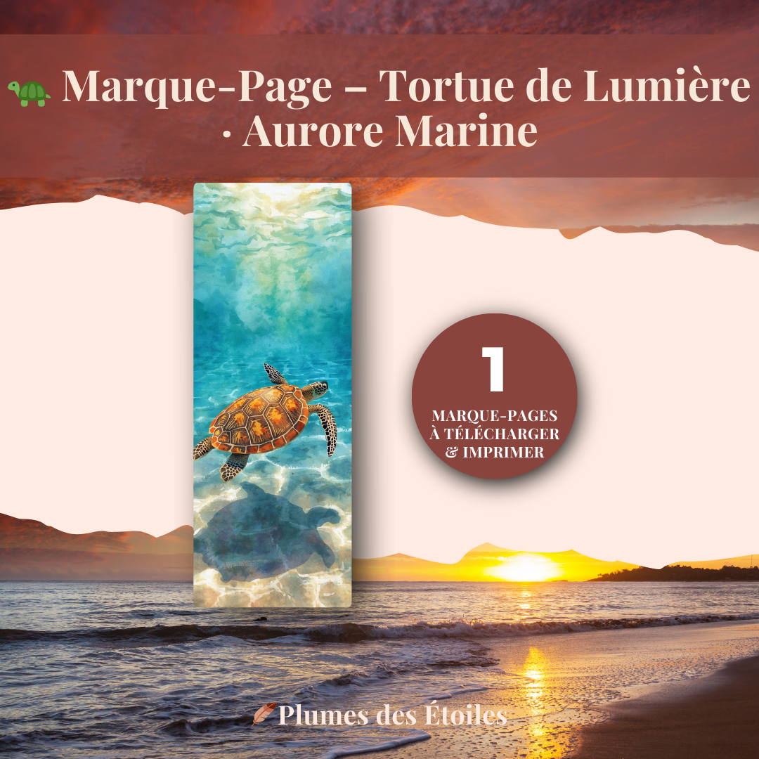 Un marque-page digital apaisant, illustré d’une tortue nageant dans une mer limpide, baignée par les premiers rayons du soleil.