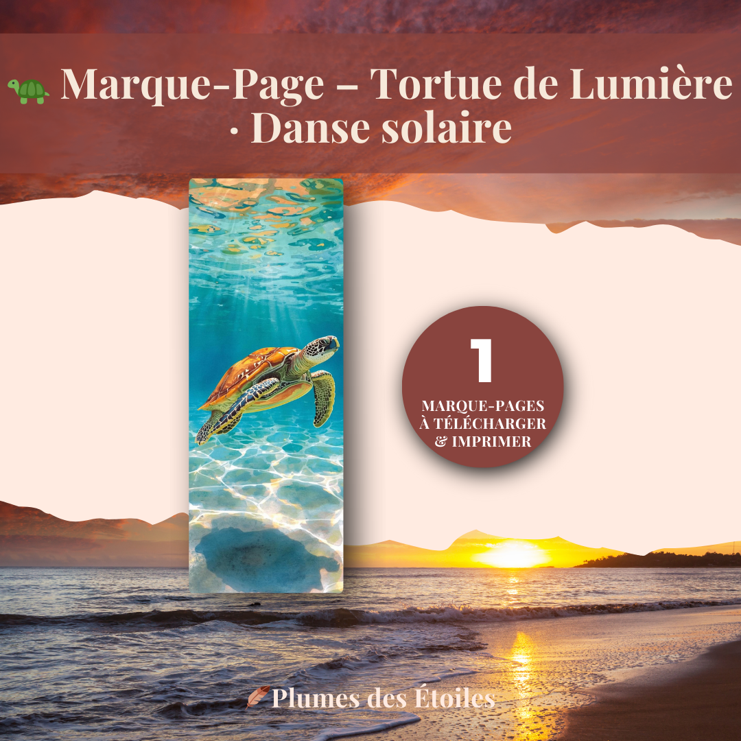 Un marque-page digital vibrant, représentant une tortue nageant librement dans une mer dorée, animée par les reflets du soleil.