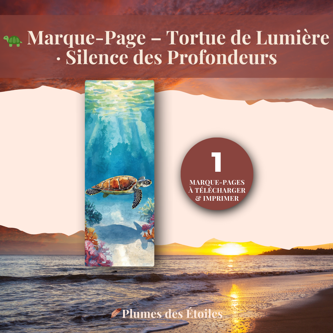 Un marque-page digital profond et contemplatif, montrant une tortue évoluant lentement dans une mer calme et silencieuse.