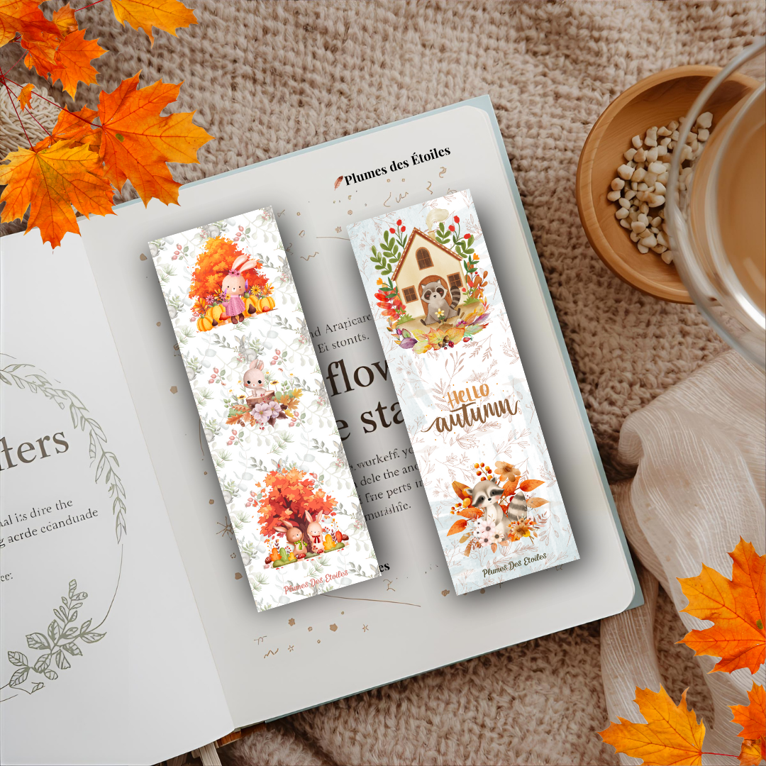 Marque-pages Esprit d’automne à imprimer – pack digital de 4 modèles illustrés avec citrouilles, hérisson, lapin et raton.
