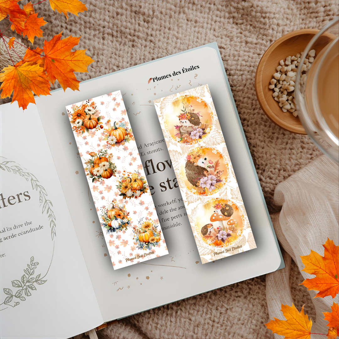 Marque-pages Esprit d’automne à imprimer – pack digital de 4 modèles illustrés avec citrouilles, hérisson, lapin et raton.