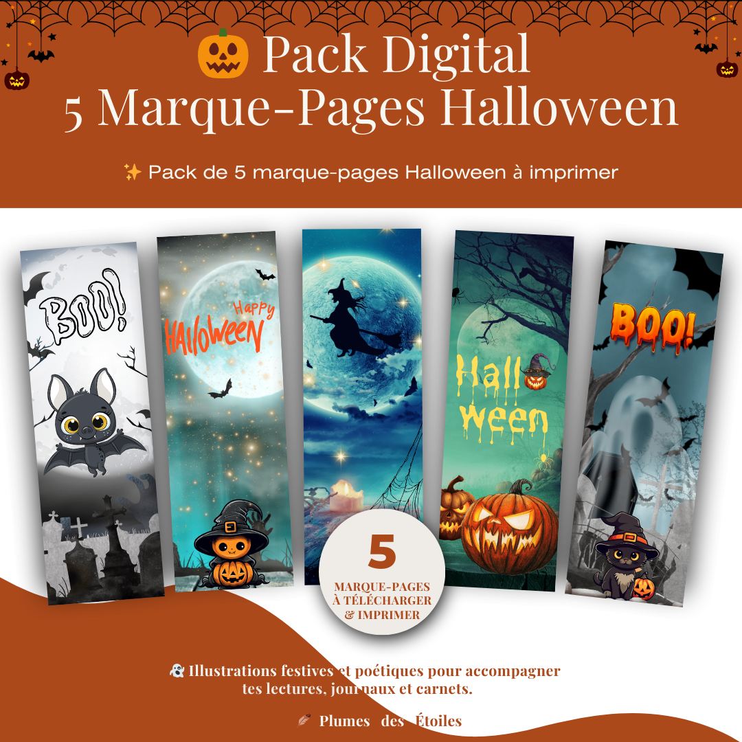 Un pack de 5 marque-pages illustrés pour accompagner tes lectures d’automne dans une ambiance mystérieuse, poétique et délicieusement ensorcelante.