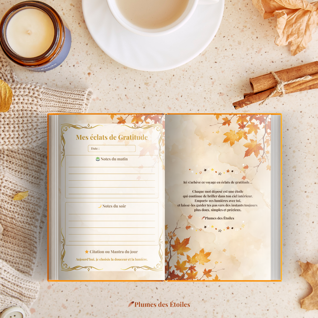 Un mini-journal poétique et doré pour noter tes gratitudes, pensées lumineuses et petits bonheurs du quotidien.