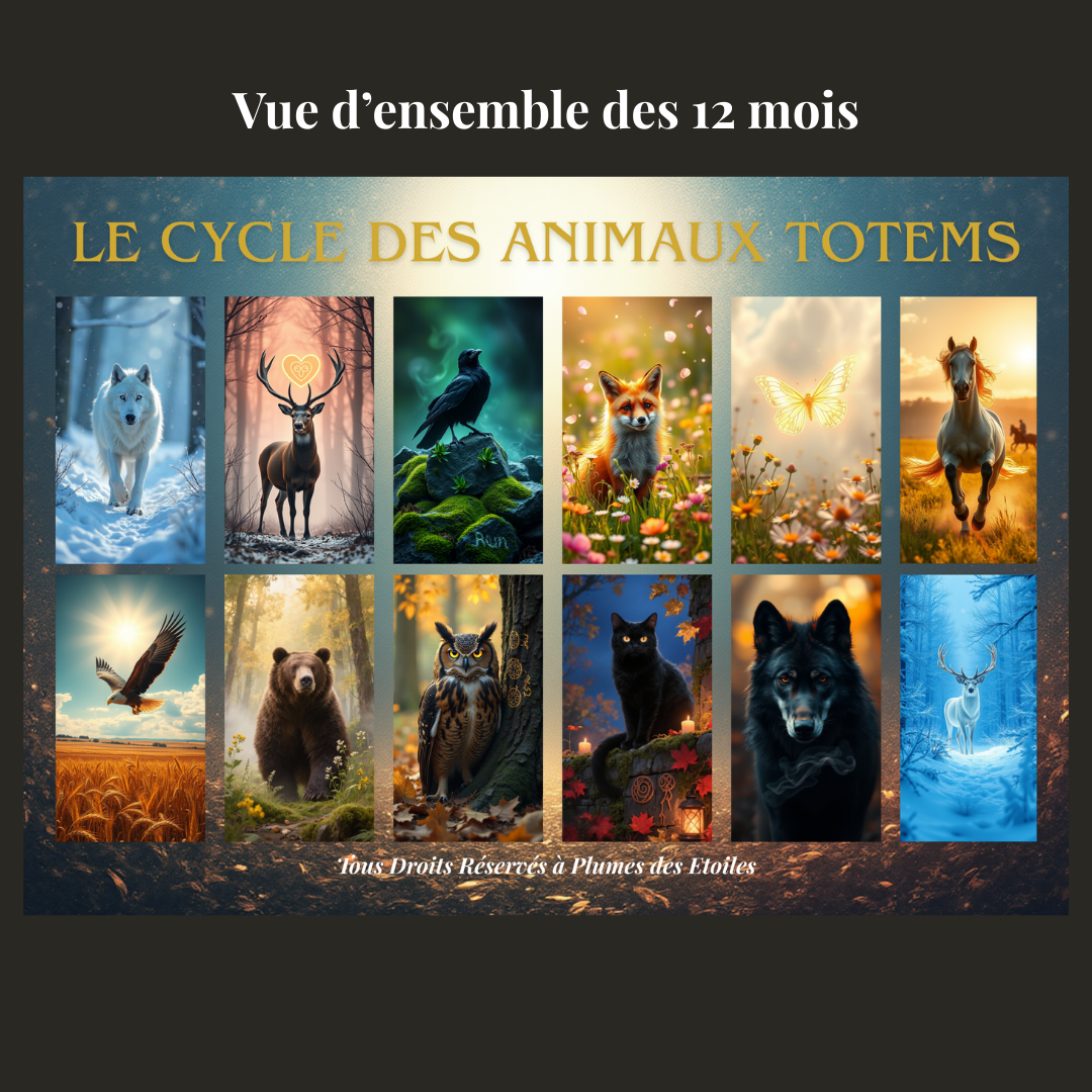 Calendrier mural digital 2026 inspiré des animaux totems, alliant illustrations mystiques, guidance spirituelle et organisation quotidienne. Un compagnon visuel et symbolique pour rester aligné·e avec les cycles naturels tout au long de l’année.